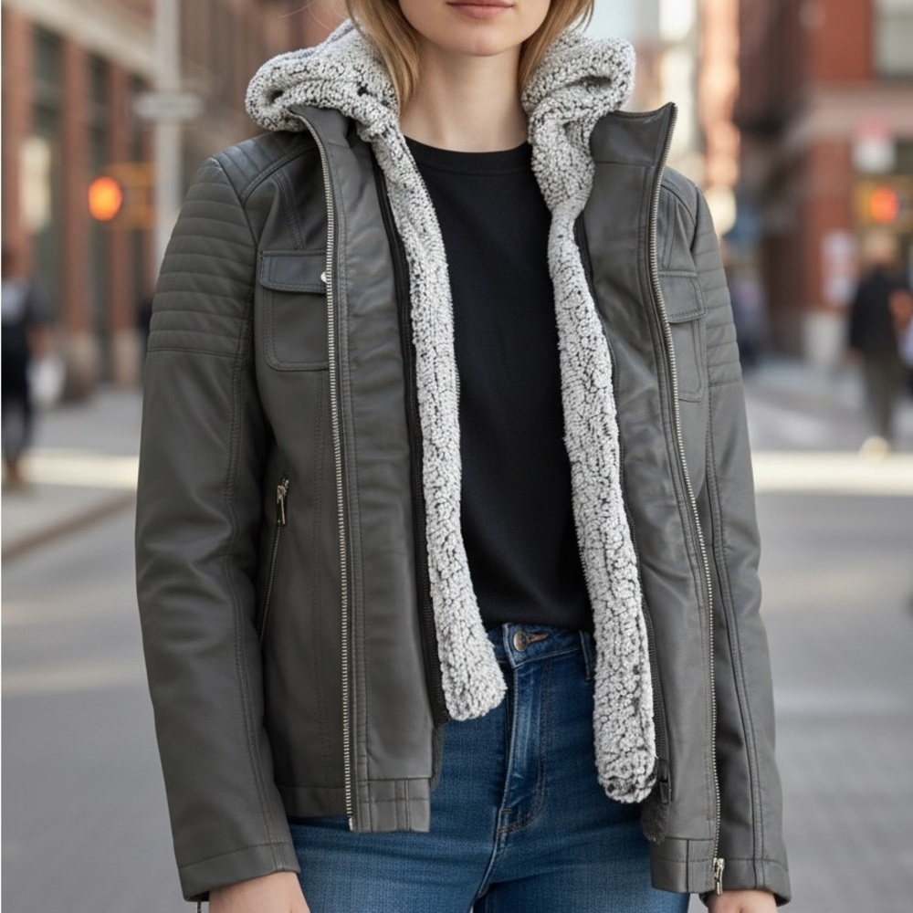 Women's Charcoal Sherpa-Lined Leather Jacket